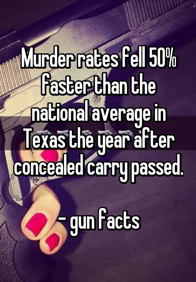 Murder rates fell 50% faster than the national average in Texas the year after concealed carry passed.

- gun facts