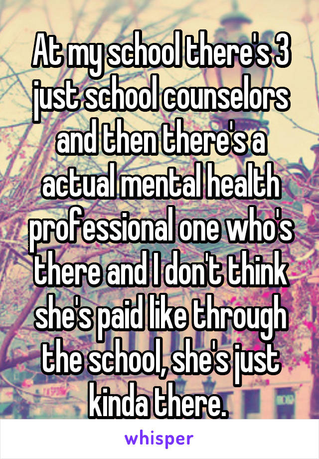 At my school there's 3 just school counselors and then there's a actual mental health professional one who's there and I don't think she's paid like through the school, she's just kinda there. 