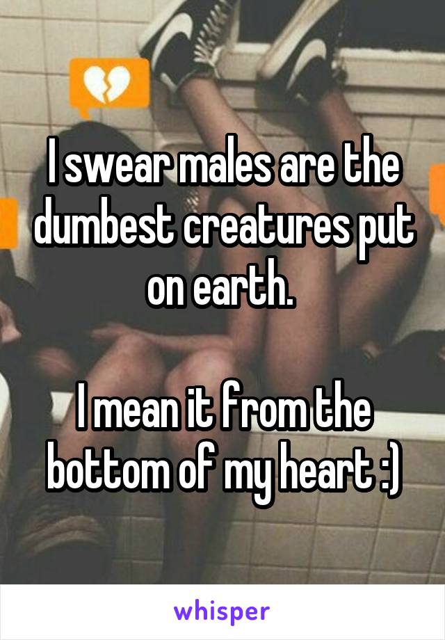 I swear males are the dumbest creatures put on earth. 

I mean it from the bottom of my heart :)
