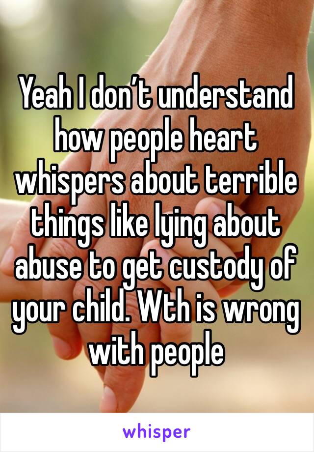 Yeah I don’t understand how people heart whispers about terrible things like lying about abuse to get custody of your child. Wth is wrong with people