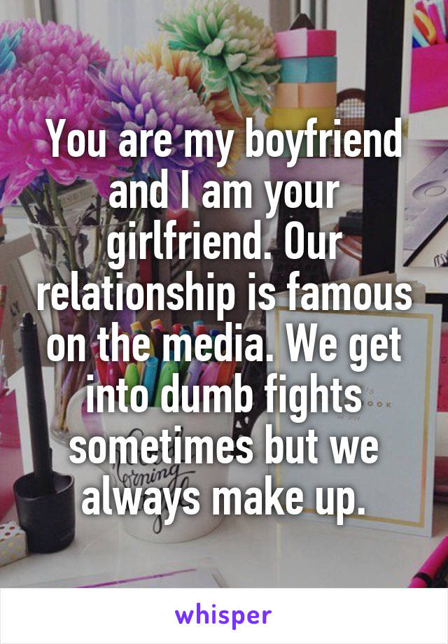 You are my boyfriend and I am your girlfriend. Our relationship is famous on the media. We get into dumb fights sometimes but we always make up.