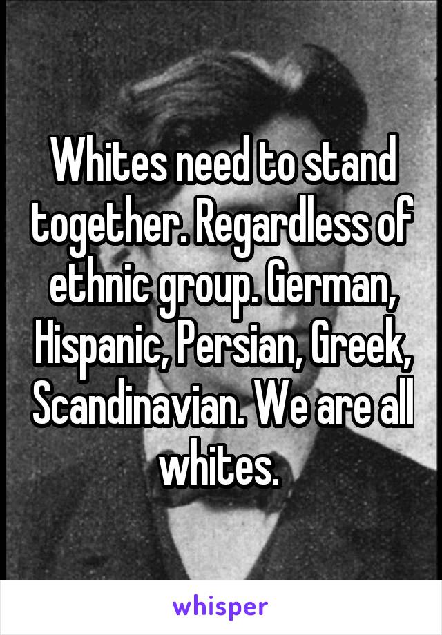 Whites need to stand together. Regardless of ethnic group. German, Hispanic, Persian, Greek, Scandinavian. We are all whites. 