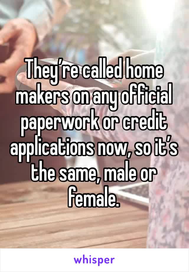 They’re called home makers on any official paperwork or credit applications now, so it’s the same, male or female.