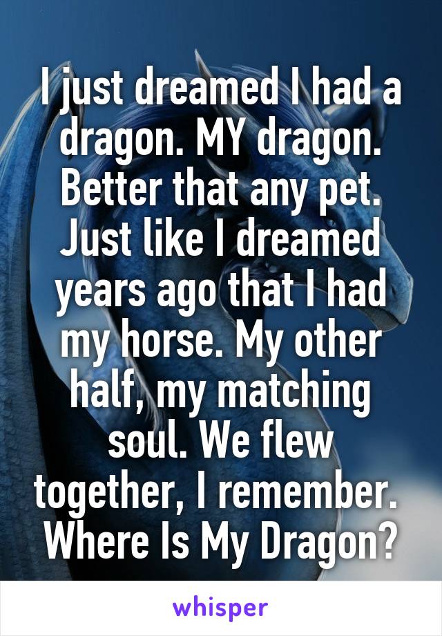 I just dreamed I had a dragon. MY dragon. Better that any pet. Just like I dreamed years ago that I had my horse. My other half, my matching soul. We flew together, I remember. 
Where Is My Dragon?