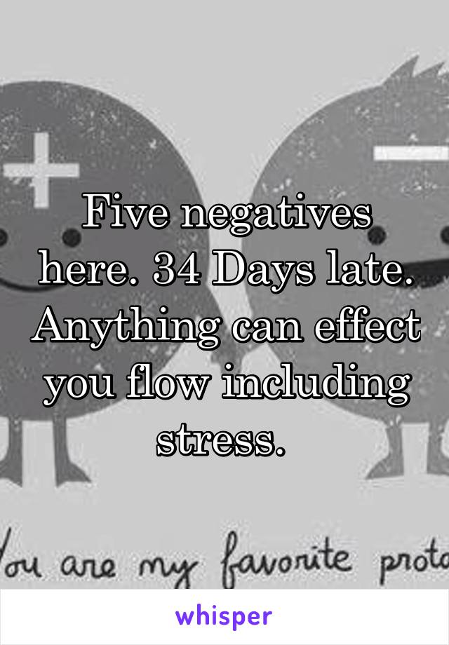Five negatives here. 34 Days late. Anything can effect you flow including stress. 