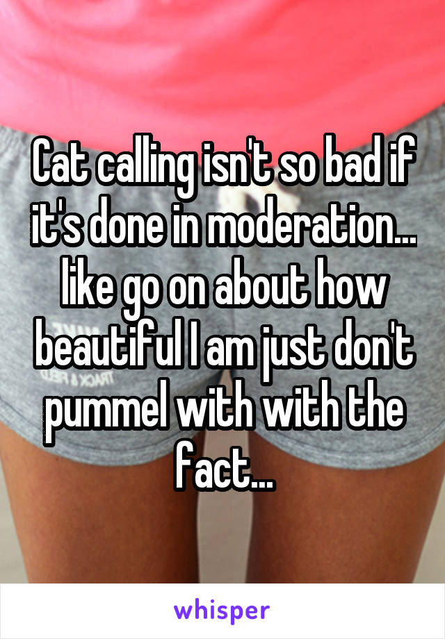 Cat calling isn't so bad if it's done in moderation... like go on about how beautiful I am just don't pummel with with the fact...