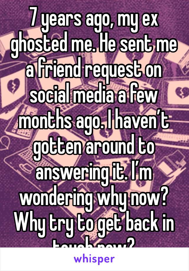 7 years ago, my ex ghosted me. He sent me a friend request on social media a few months ago. I haven’t gotten around to answering it. I’m wondering why now? Why try to get back in touch now? 