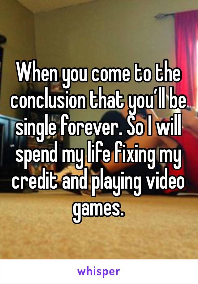 When you come to the conclusion that you’ll be single forever. So I will spend my life fixing my credit and playing video games.
