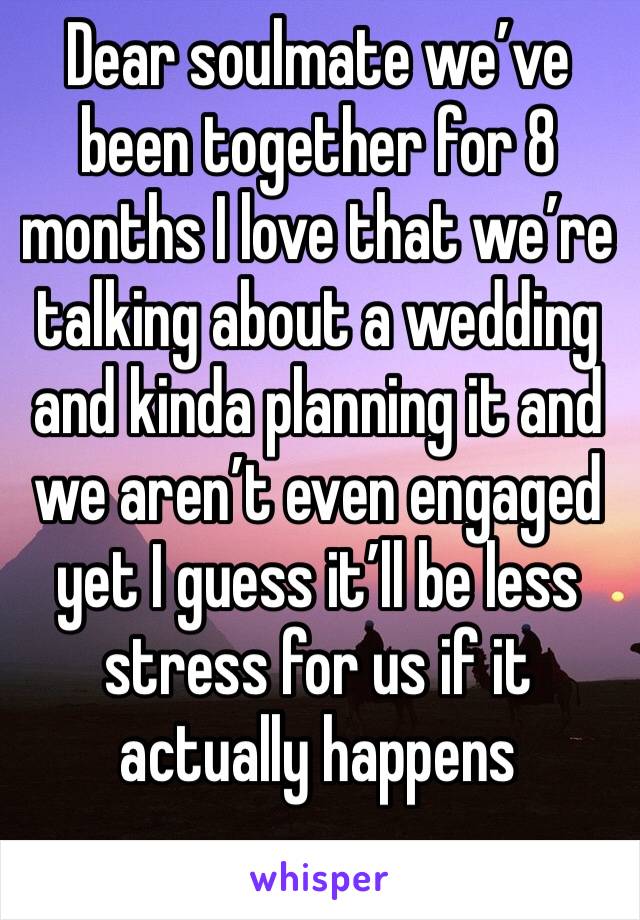 Dear soulmate we’ve been together for 8 months I love that we’re talking about a wedding and kinda planning it and we aren’t even engaged yet I guess it’ll be less stress for us if it actually happens