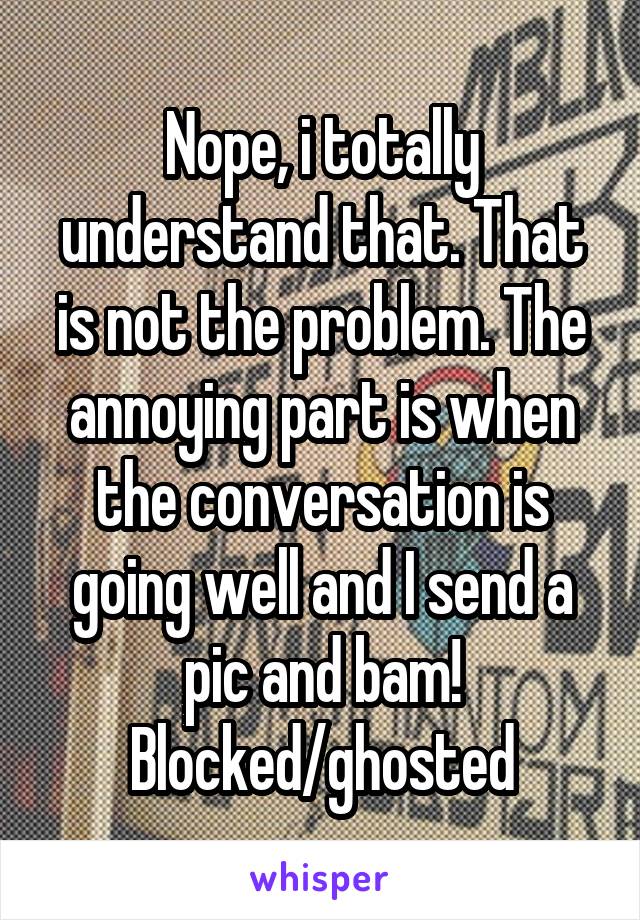 Nope, i totally understand that. That is not the problem. The annoying part is when the conversation is going well and I send a pic and bam! Blocked/ghosted