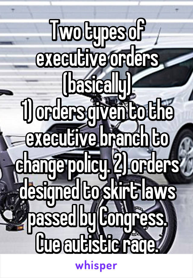 Two types of executive orders (basically)
1) orders given to the executive branch to change policy. 2) orders designed to skirt laws passed by Congress.
Cue autistic rage.