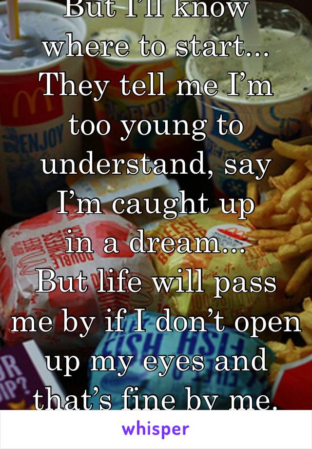 But I’ll know
where to start...
They tell me I’m
too young to understand, say
I’m caught up
in a dream...
But life will pass me by if I don’t open up my eyes and that’s fine by me.