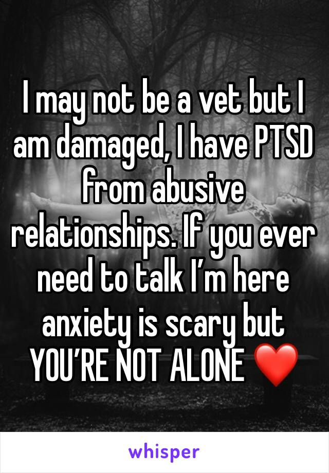I may not be a vet but I am damaged, I have PTSD from abusive relationships. If you ever need to talk I’m here anxiety is scary but YOU’RE NOT ALONE ❤️