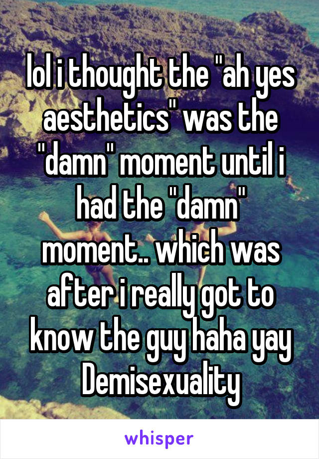 lol i thought the "ah yes aesthetics" was the "damn" moment until i had the "damn" moment.. which was after i really got to know the guy haha yay Demisexuality