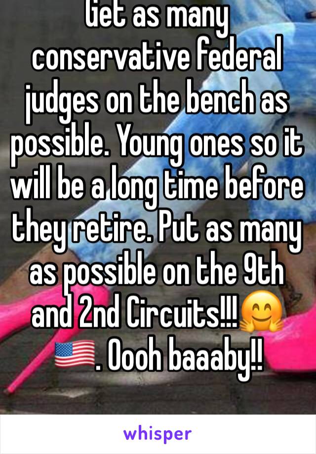 Get as many conservative federal  judges on the bench as possible. Young ones so it will be a long time before they retire. Put as many as possible on the 9th and 2nd Circuits!!!🤗🇺🇸. Oooh baaaby!!