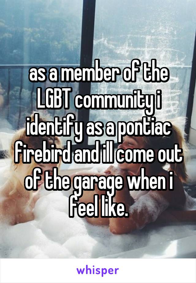 as a member of the LGBT community i identify as a pontiac firebird and ill come out of the garage when i feel like.