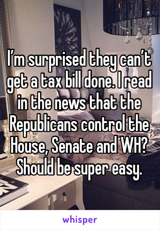 I’m surprised they can’t get a tax bill done. I read in the news that the Republicans control the House, Senate and WH?  Should be super easy. 