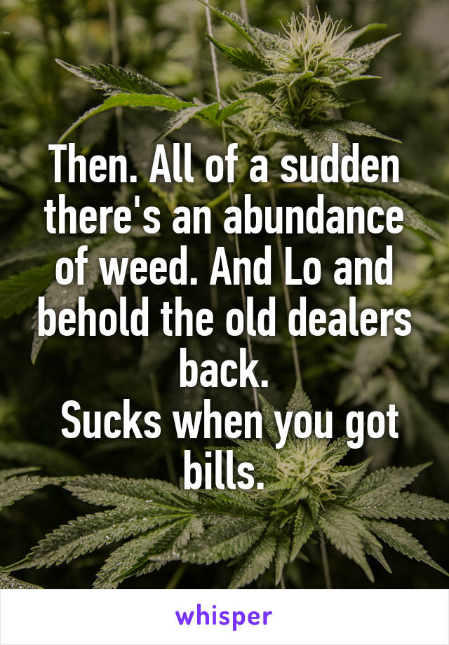 Then. All of a sudden there's an abundance of weed. And Lo and behold the old dealers back.
 Sucks when you got bills.