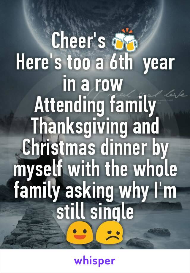 Cheer's 🍻
Here's too a 6th  year in a row 
Attending family Thanksgiving and Christmas dinner by myself with the whole family asking why I'm still single
😃😞