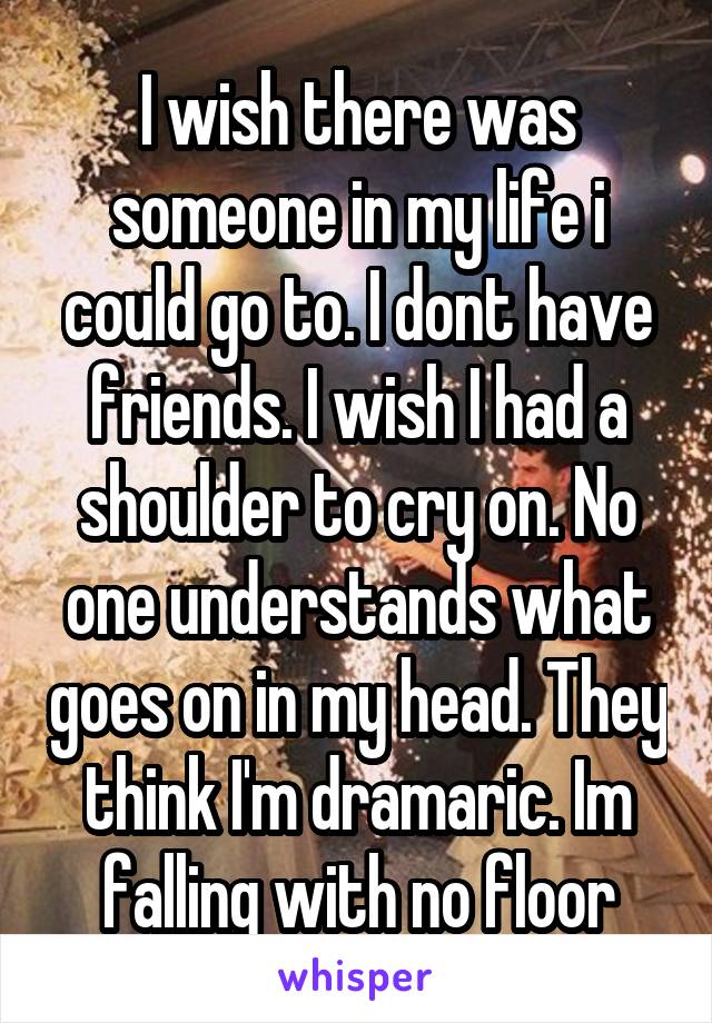I wish there was someone in my life i could go to. I dont have friends. I wish I had a shoulder to cry on. No one understands what goes on in my head. They think I'm dramaric. Im falling with no floor