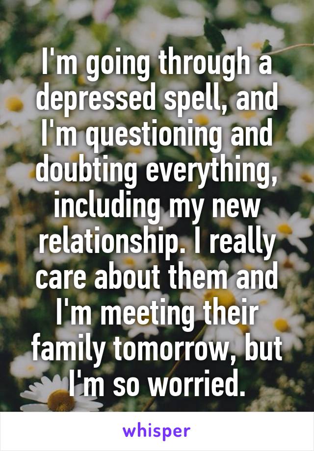 I'm going through a depressed spell, and I'm questioning and doubting everything, including my new relationship. I really care about them and I'm meeting their family tomorrow, but I'm so worried.