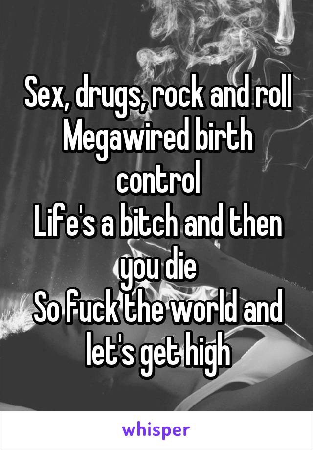 Sex, drugs, rock and roll
Megawired birth control
Life's a bitch and then you die
So fuck the world and let's get high