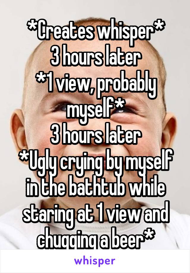 *Creates whisper*
3 hours later
*1 view, probably myself*
3 hours later
*Ugly crying by myself in the bathtub while staring at 1 view and chugging a beer*