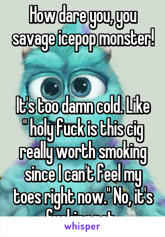 How dare you, you savage icepop monster! 

It's too damn cold. Like " holy fuck is this cig really worth smoking since I can't feel my toes right now." No, it's fucking not. 