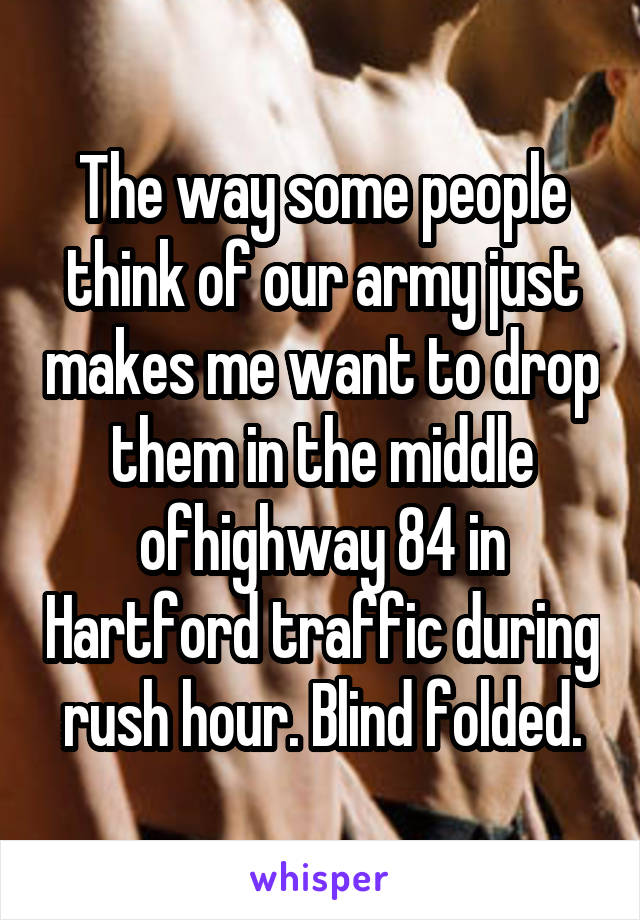 The way some people think of our army just makes me want to drop them in the middle ofhighway 84 in Hartford traffic during rush hour. Blind folded.