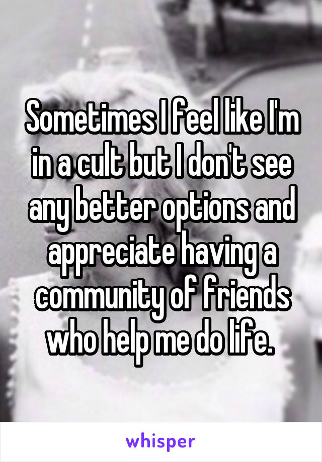Sometimes I feel like I'm in a cult but I don't see any better options and appreciate having a community of friends who help me do life. 