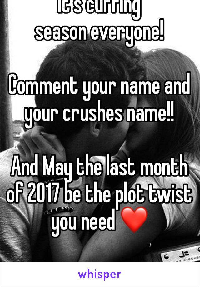 It’s cuffing season everyone!

Comment your name and your crushes name!! 

And May the last month of 2017 be the plot twist you need ❤️

