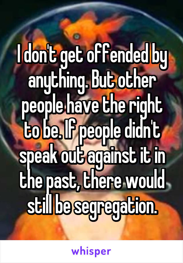 I don't get offended by anything. But other people have the right to be. If people didn't speak out against it in the past, there would still be segregation.