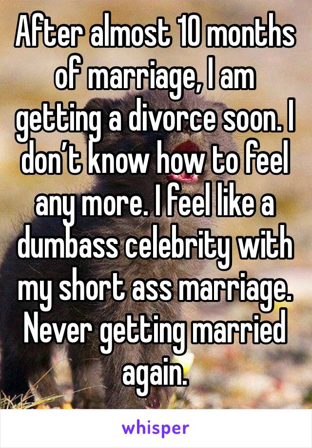 After almost 10 months of marriage, I am getting a divorce soon. I don’t know how to feel any more. I feel like a dumbass celebrity with my short ass marriage. Never getting married again. 