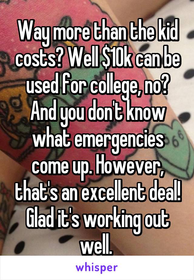 Way more than the kid costs? Well $10k can be used for college, no? And you don't know what emergencies come up. However, that's an excellent deal! Glad it's working out well. 