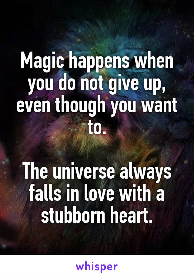 Magic happens when you do not give up, even though you want to.

The universe always falls in love with a stubborn heart.