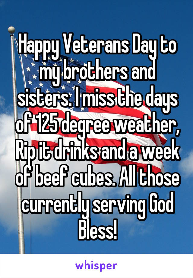 Happy Veterans Day to my brothers and sisters. I miss the days of 125 degree weather, Rip it drinks and a week of beef cubes. All those currently serving God Bless!