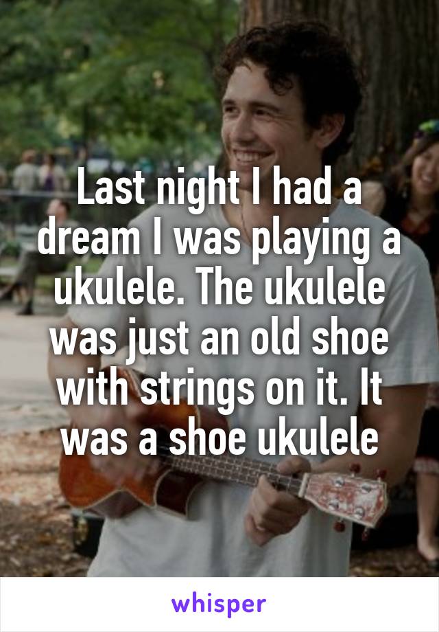 Last night I had a dream I was playing a ukulele. The ukulele was just an old shoe with strings on it. It was a shoe ukulele