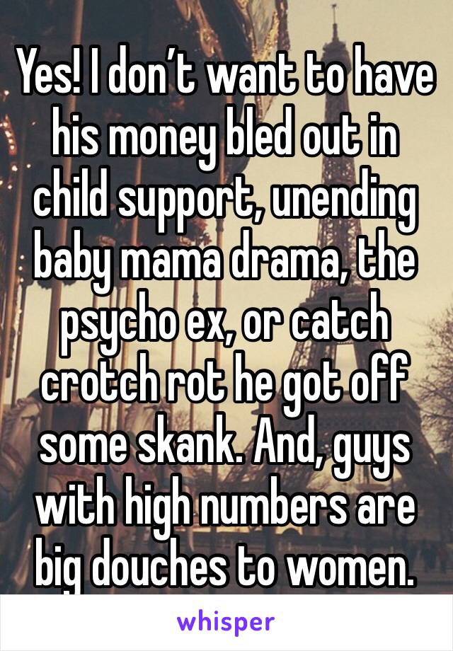 Yes! I don’t want to have his money bled out in child support, unending baby mama drama, the psycho ex, or catch crotch rot he got off some skank. And, guys with high numbers are big douches to women.