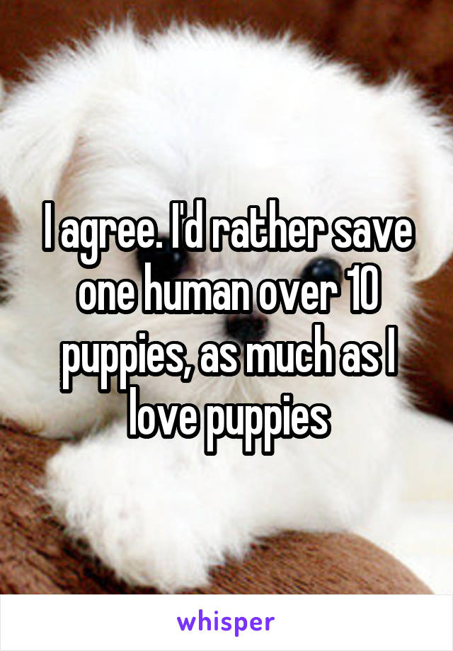 I agree. I'd rather save one human over 10 puppies, as much as I love puppies