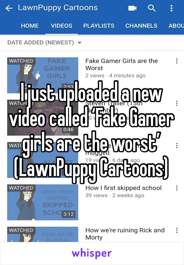 I just uploaded a new video called ‘Fake Gamer girls are the worst’ 
(LawnPuppy Cartoons)