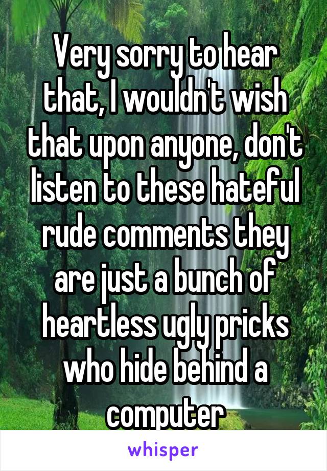 Very sorry to hear that, I wouldn't wish that upon anyone, don't listen to these hateful rude comments they are just a bunch of heartless ugly pricks who hide behind a computer