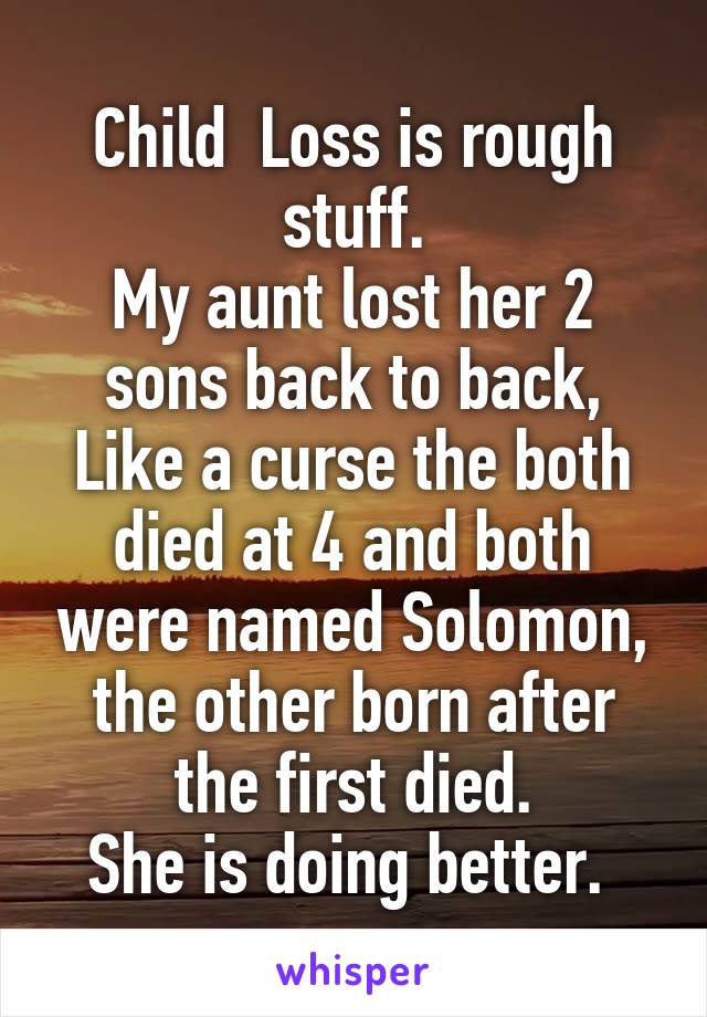 Child  Loss is rough stuff.
My aunt lost her 2 sons back to back, Like a curse the both died at 4 and both were named Solomon, the other born after the first died.
She is doing better. 