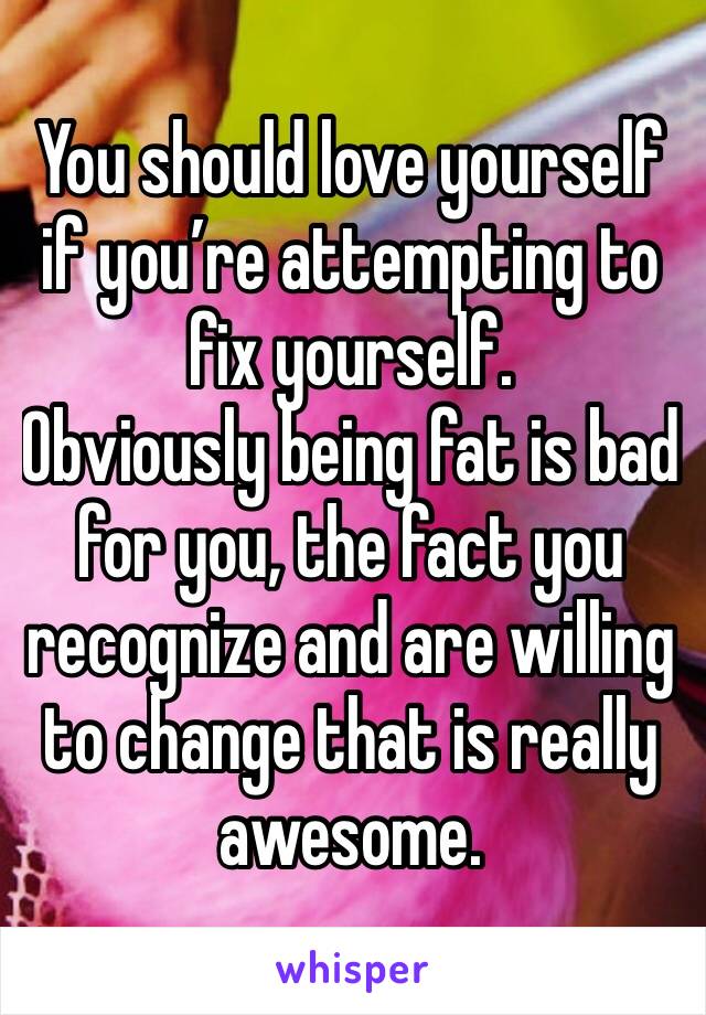 You should love yourself if you’re attempting to fix yourself. 
Obviously being fat is bad for you, the fact you recognize and are willing to change that is really awesome.