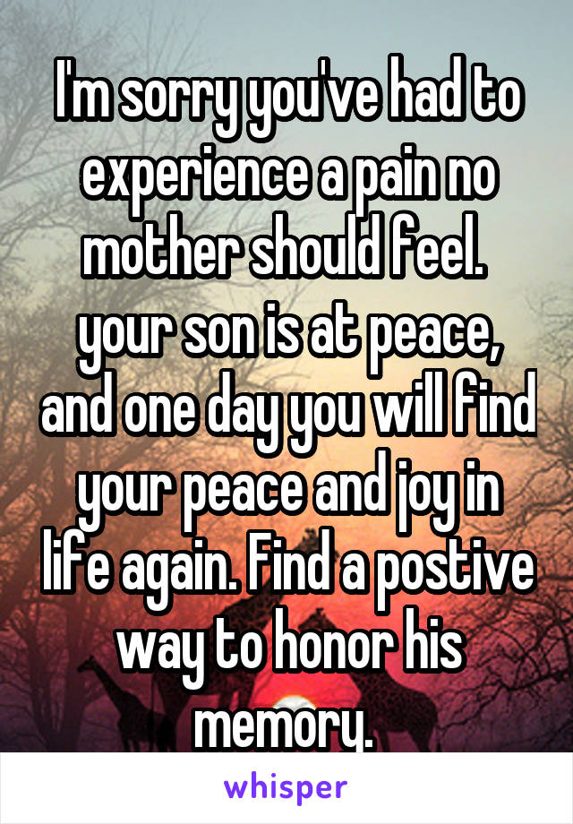 I'm sorry you've had to experience a pain no mother should feel.  your son is at peace, and one day you will find your peace and joy in life again. Find a postive way to honor his memory. 