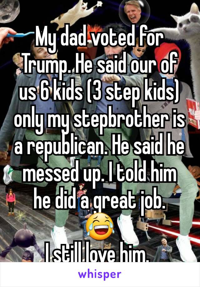 My dad voted for Trump. He said our of us 6 kids (3 step kids) only my stepbrother is a republican. He said he messed up. I told him he did a great job.
😂
I still love him. 