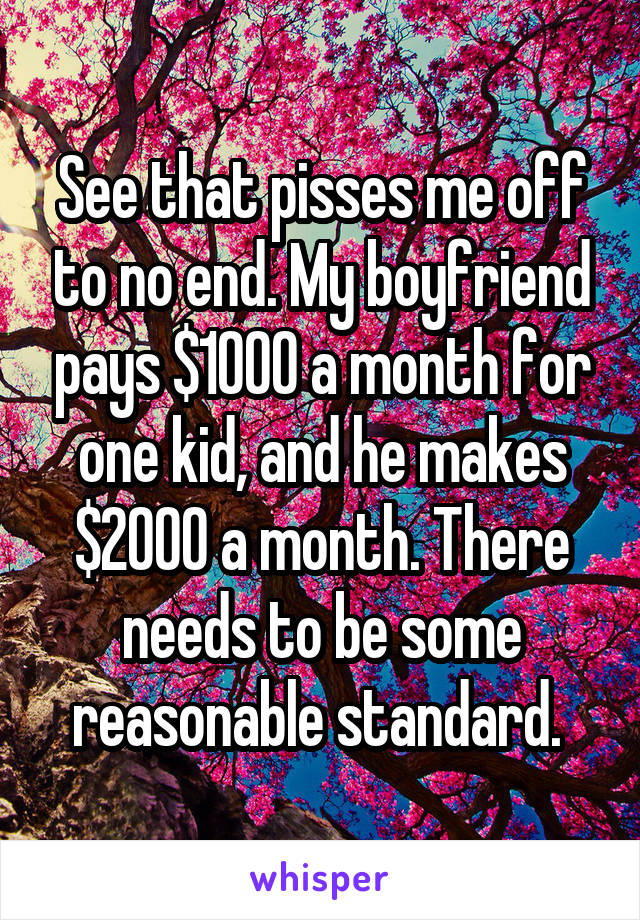 See that pisses me off to no end. My boyfriend pays $1000 a month for one kid, and he makes $2000 a month. There needs to be some reasonable standard. 