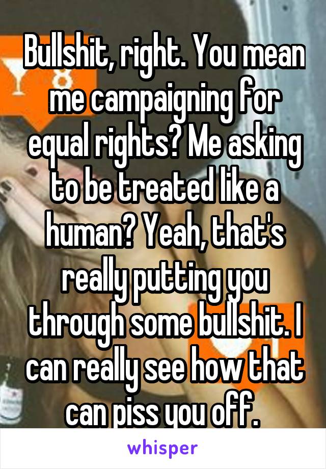 Bullshit, right. You mean me campaigning for equal rights? Me asking to be treated like a human? Yeah, that's really putting you through some bullshit. I can really see how that can piss you off. 