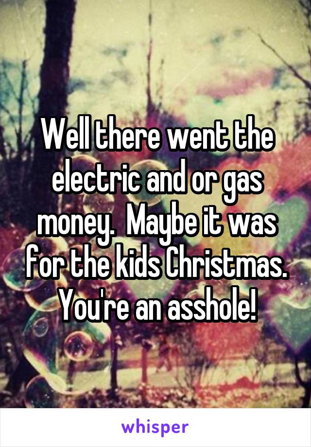 Well there went the electric and or gas money.  Maybe it was for the kids Christmas. You're an asshole!