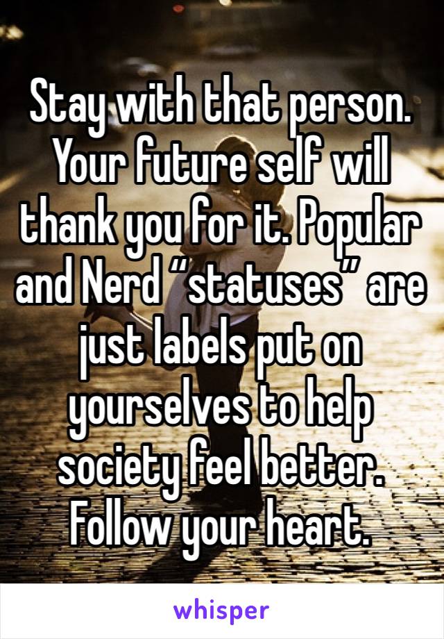 Stay with that person. Your future self will thank you for it. Popular and Nerd “statuses” are just labels put on yourselves to help society feel better. Follow your heart.