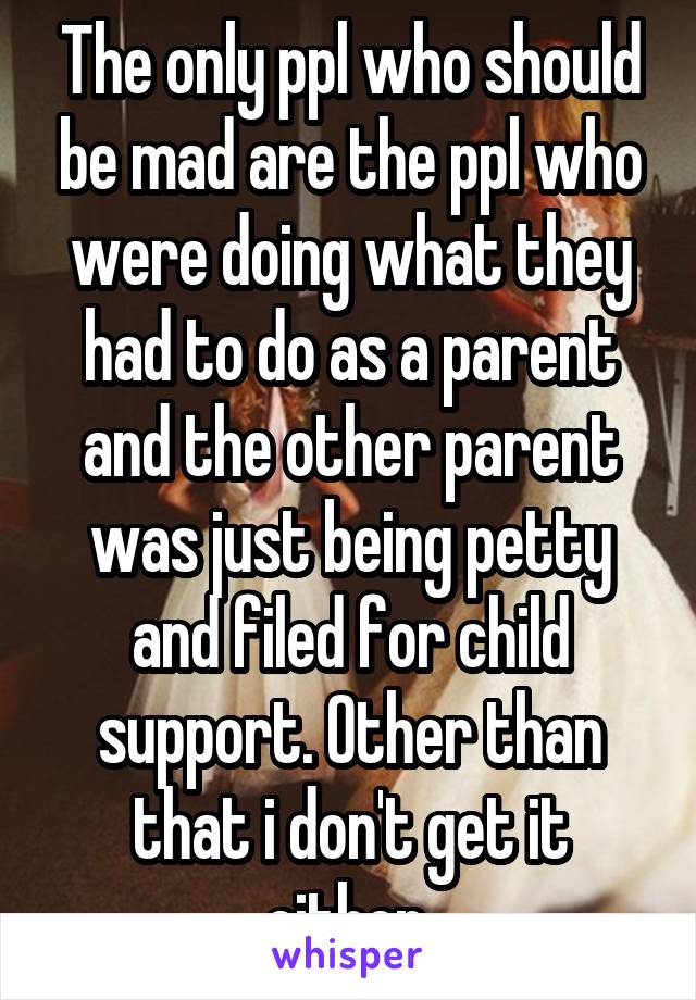 The only ppl who should be mad are the ppl who were doing what they had to do as a parent and the other parent was just being petty and filed for child support. Other than that i don't get it either.